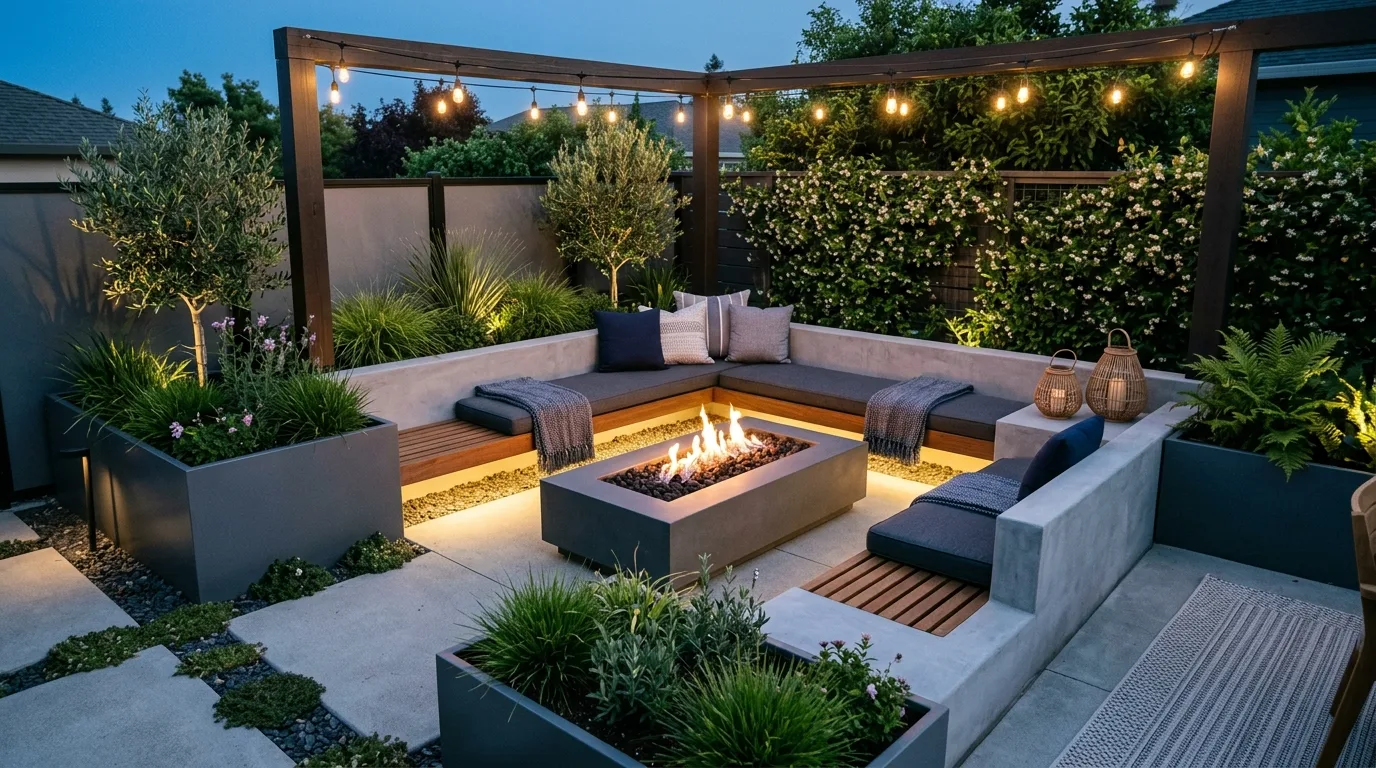 A cozy small patio garden with vintage pots and soft flowers, no people