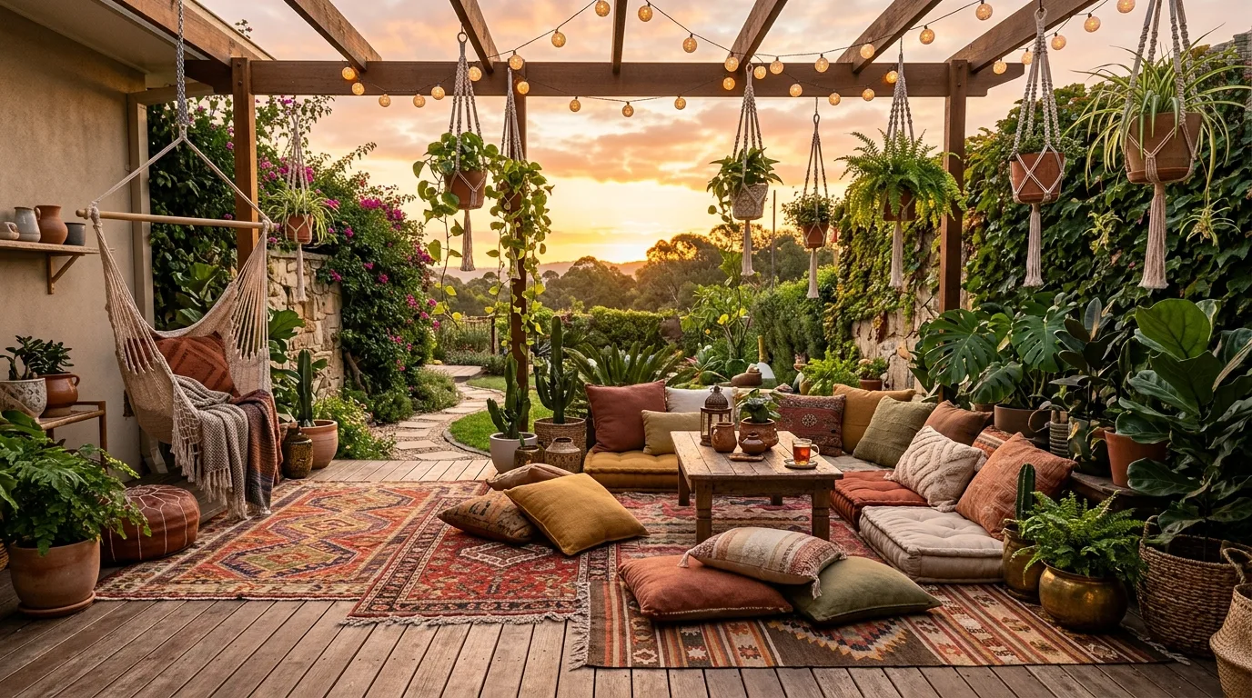 A boho patio with layered rugs floor cushions and relaxed lounge seating, no people