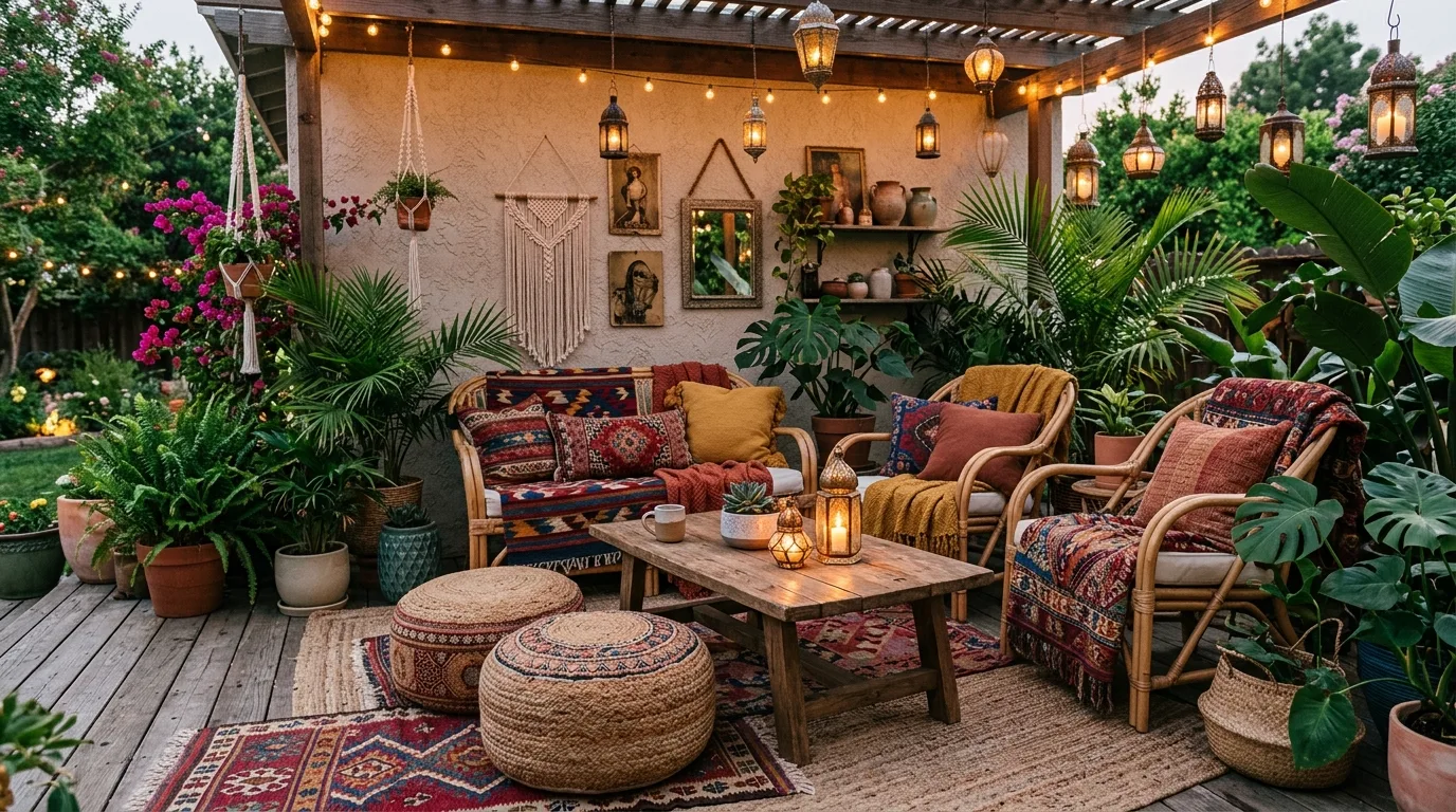 A boho patio with rattan furniture trailing plants and lanterns, no people