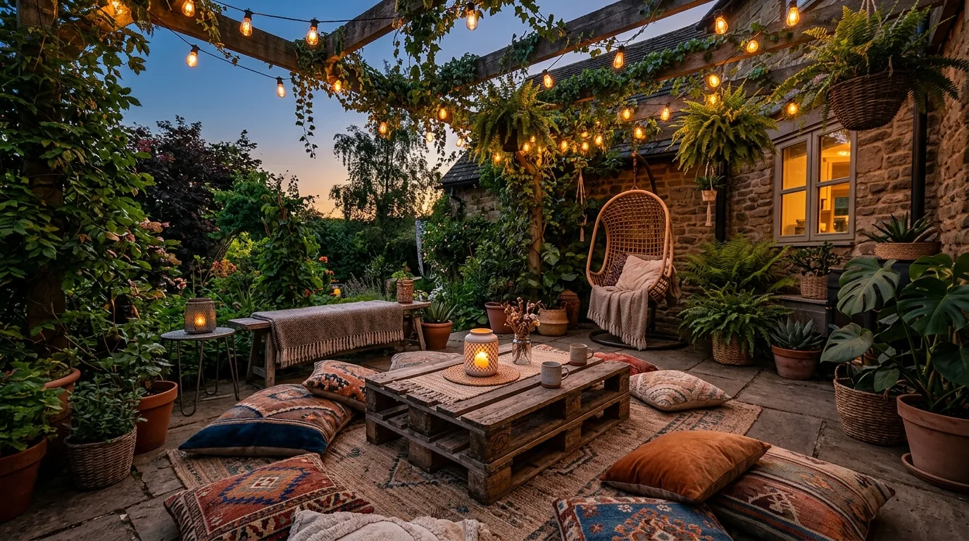 A boho patio wall softened with macrame textiles and plants, no people