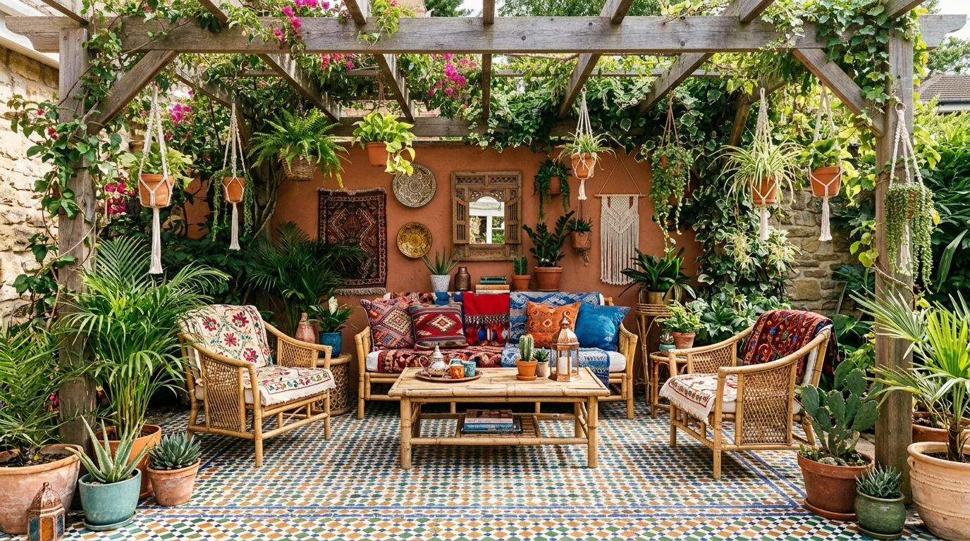A free spirited boho patio with a low pallet sofa and mixed patterns, no people