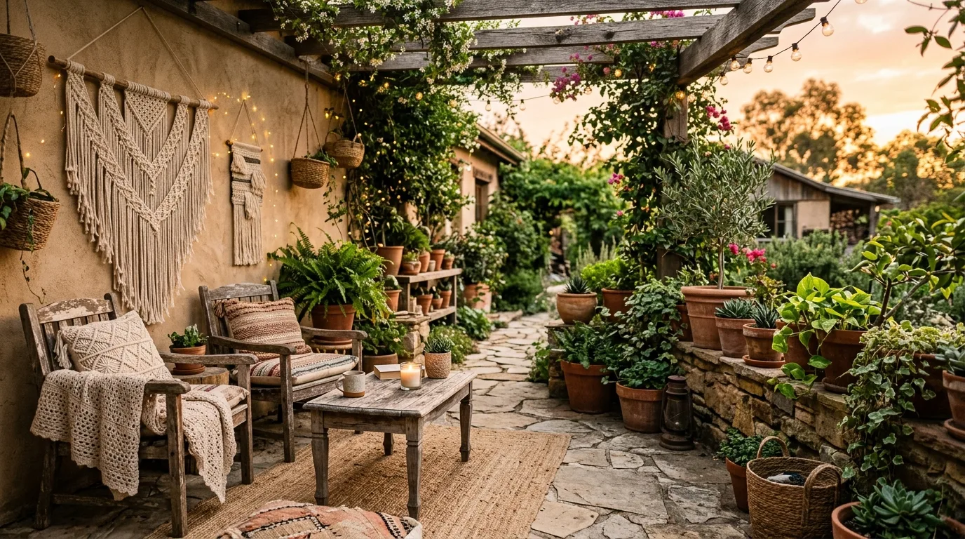 A boho patio glowing with string lights and candles at night, no people