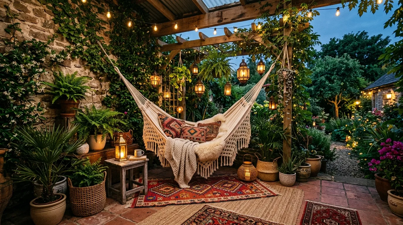 A boho patio in earthy neutral tones with terracotta and woven decor, no people