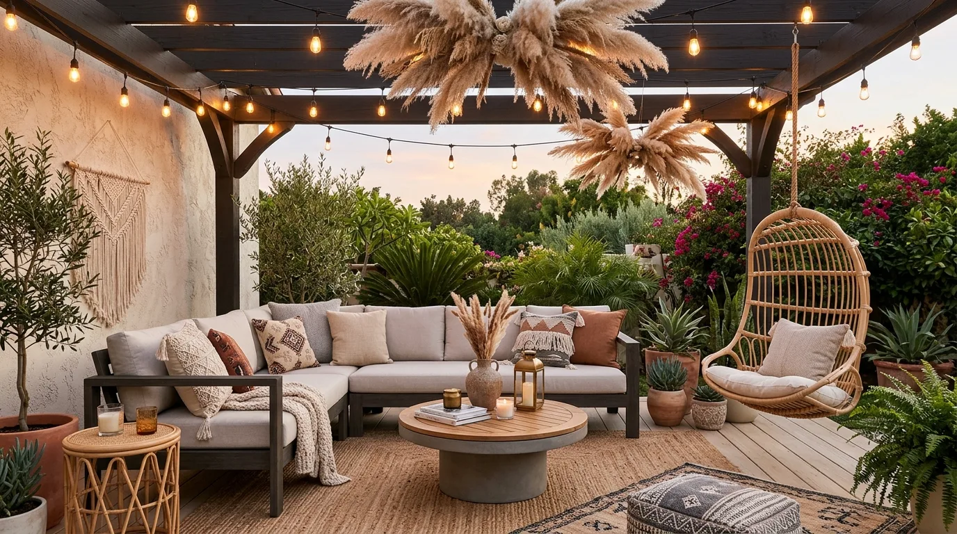 A boho patio daybed layered with throw pillows and greenery, no people