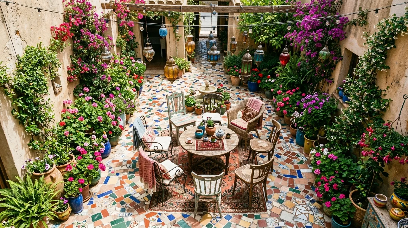 A boho patio with a hanging chair and eclectic styling, no people