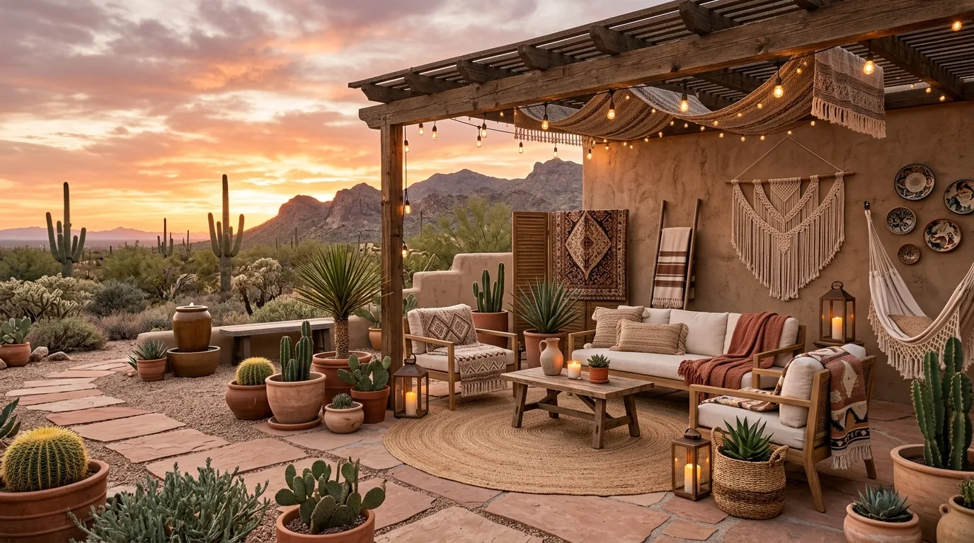 An eclectic boho patio with vintage pots and collected decor, no people