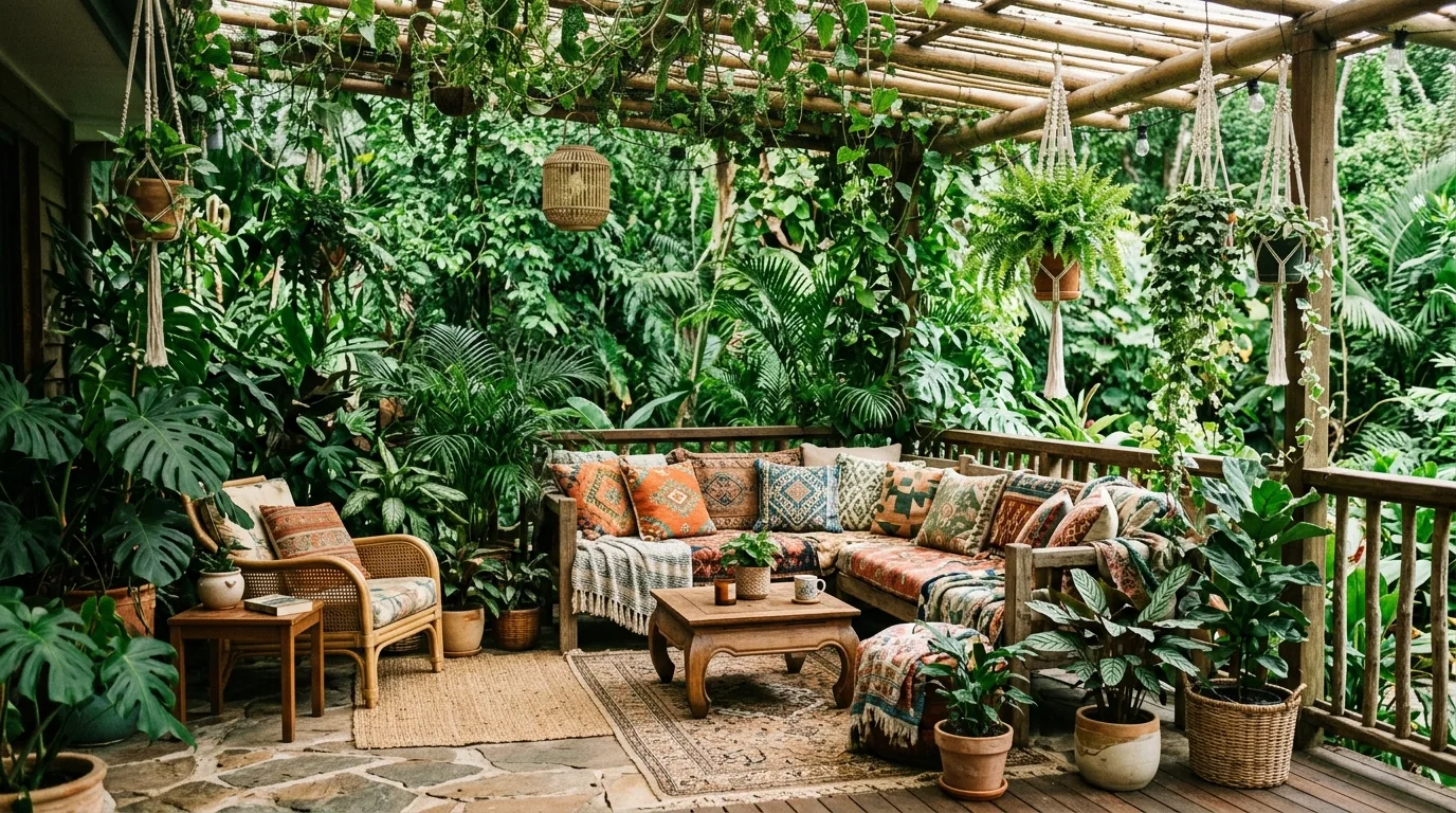 A desert boho patio with cacti clay pots and warm sunset tones, no people