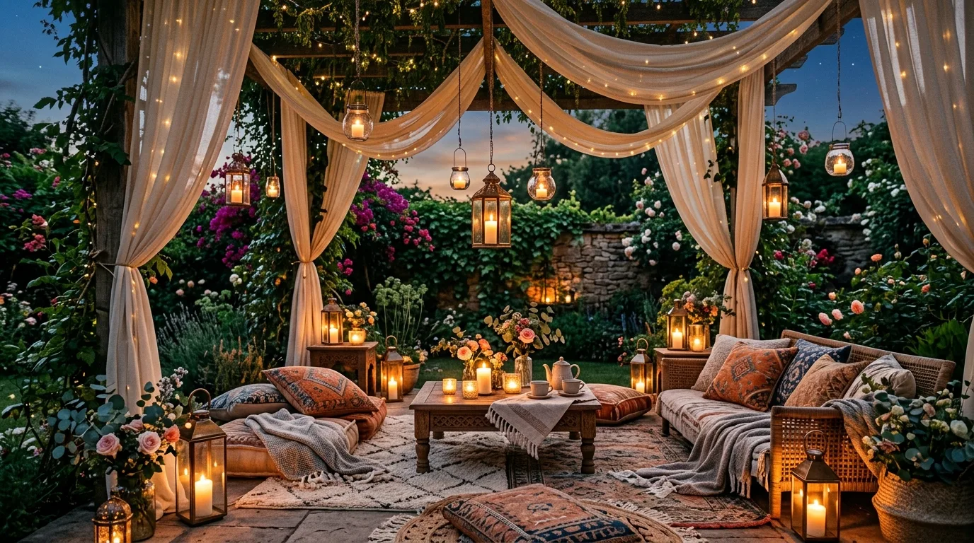 A boho patio with layered sheer fabric creating a breezy canopy, no people