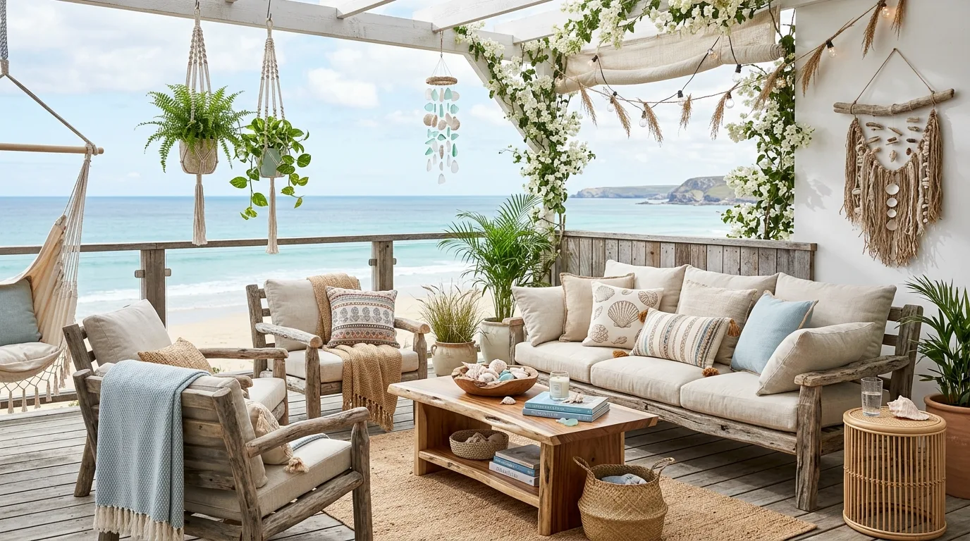 A compact balcony patio styled in a boho way with plants and textiles, no people