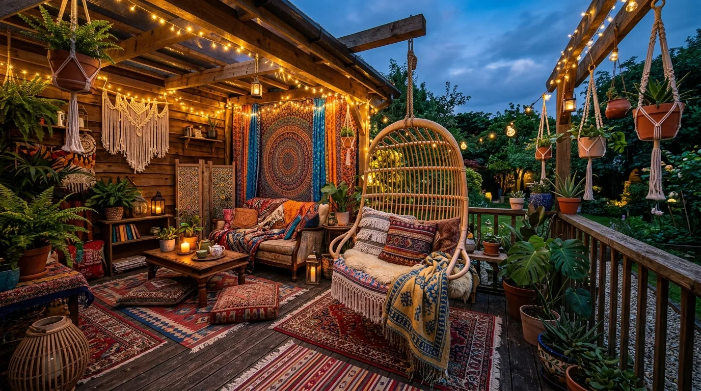 A boho patio with a fire bowl and low eclectic seating, no people