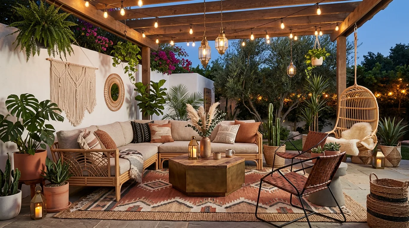 A plant heavy boho patio with layered greenery and relaxed furniture, no people