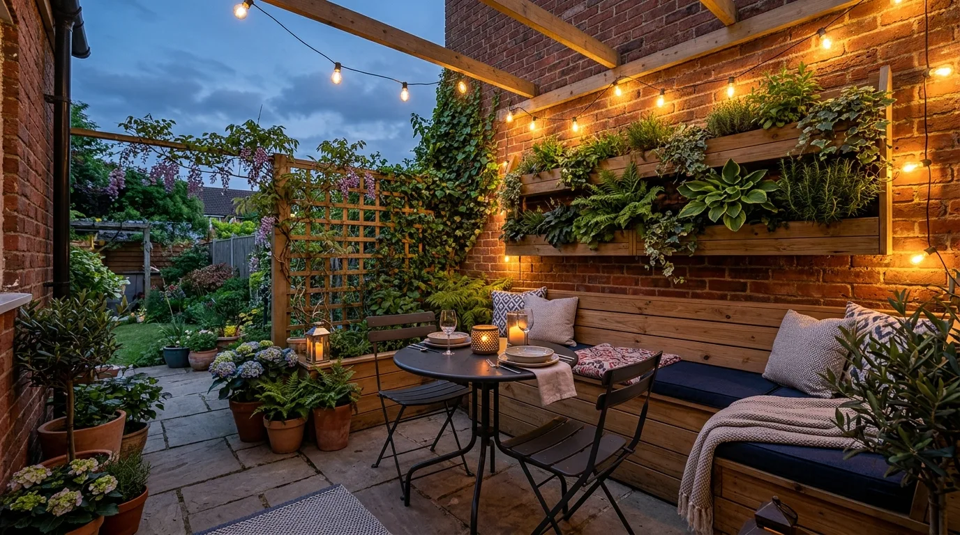 A compact small patio with a narrow dining setup in daylight, no people