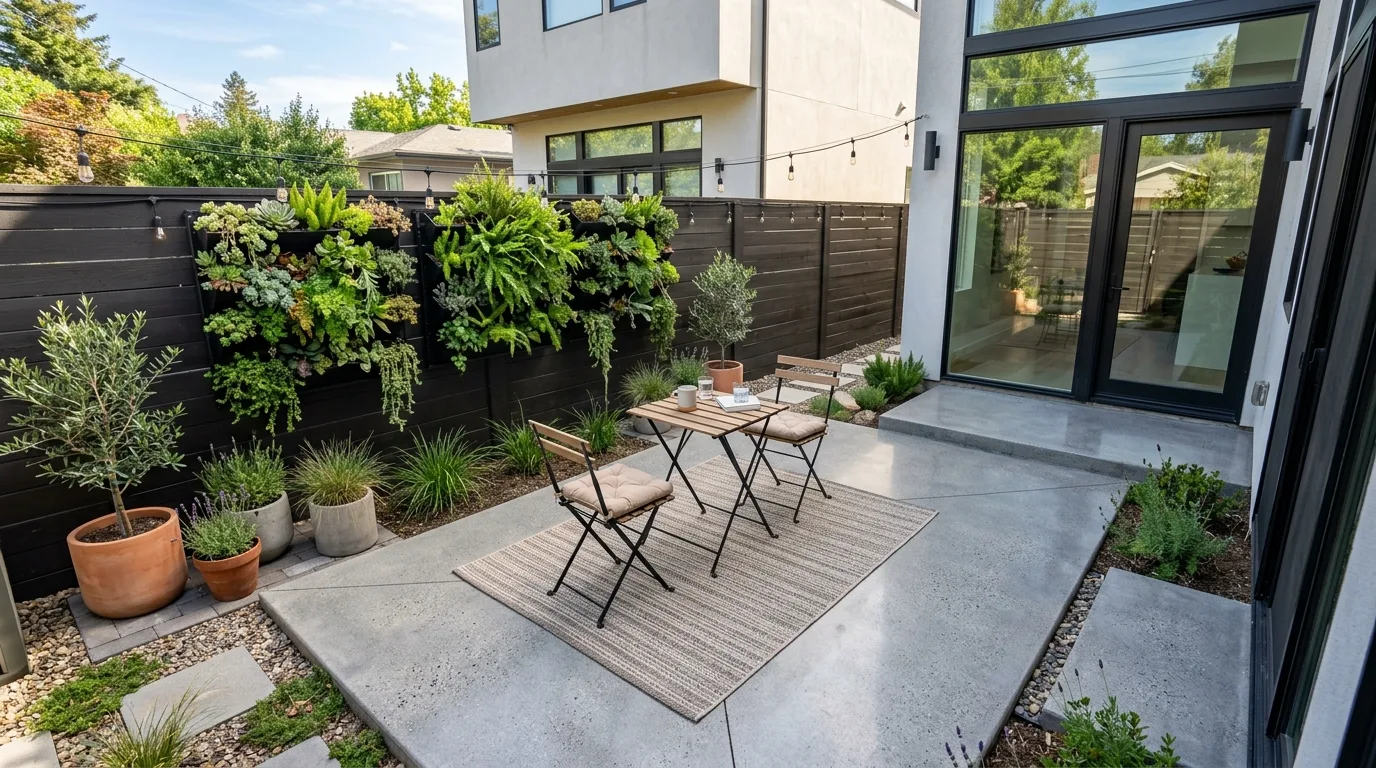 A small patio with built in bench seating maximizing space, no people