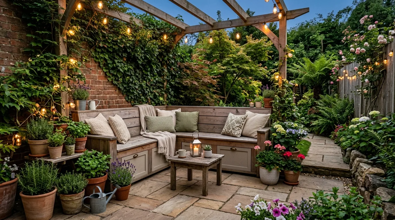 A sunny small patio bistro corner with a cozy setup, no people