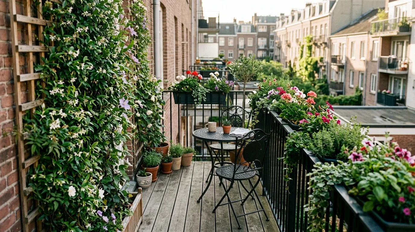 A small patio softened with well placed container planting, no people
