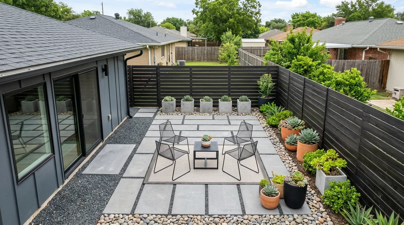 A small patio lounge anchored by an outdoor rug in daylight, no people
