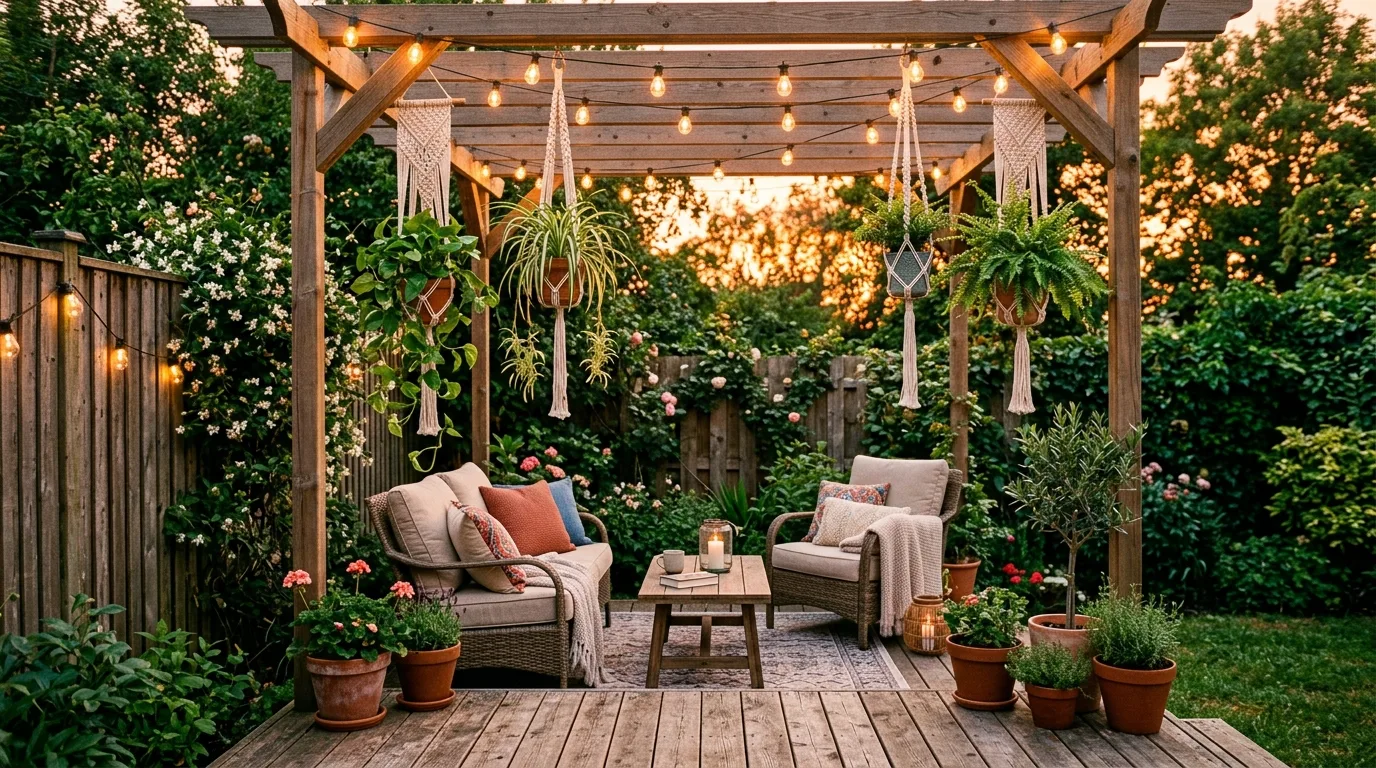 A small patio wall with shelves hooks and vertical greenery, no people