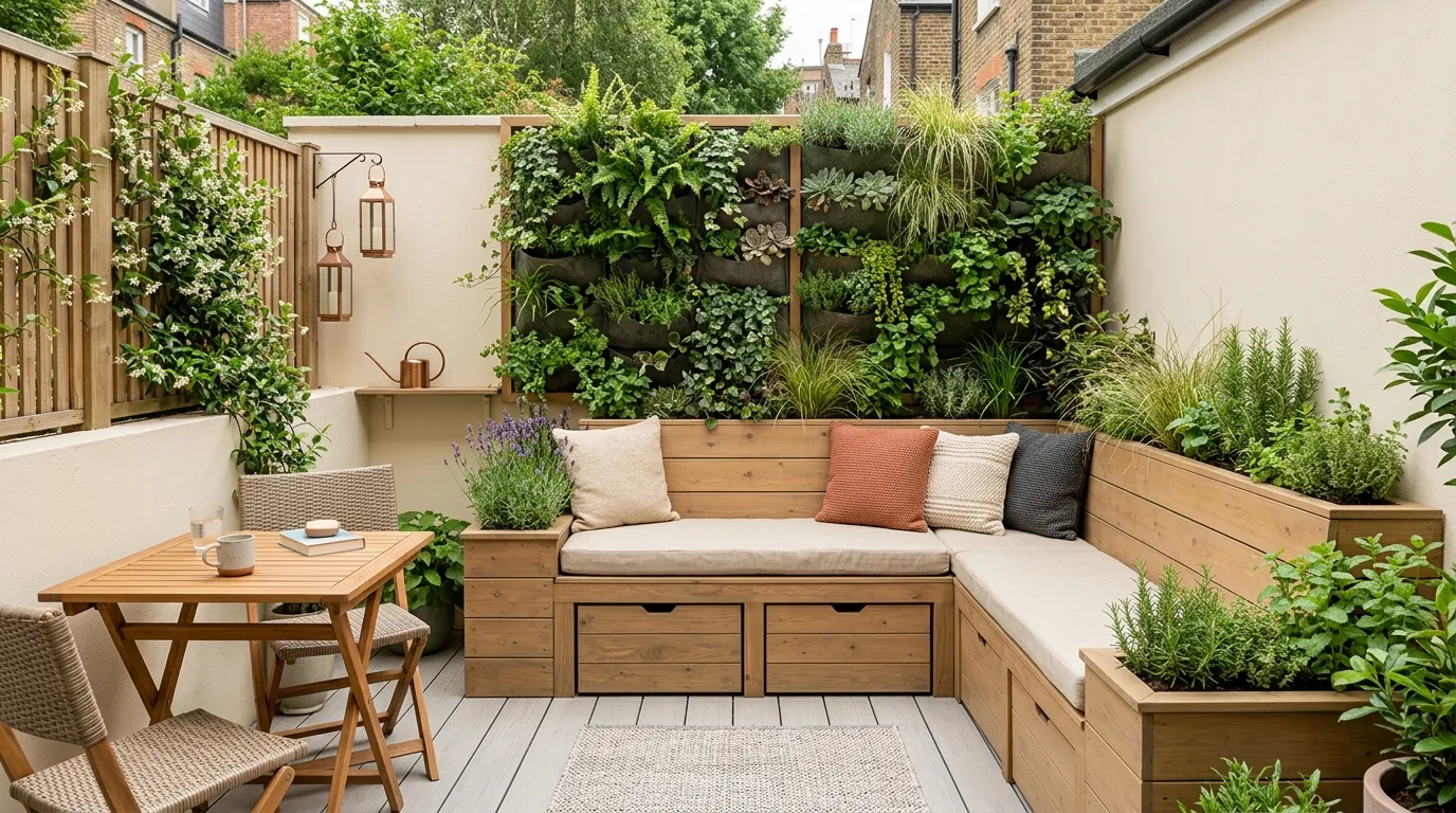 A compact small patio with foldable furniture and potted plants, no people