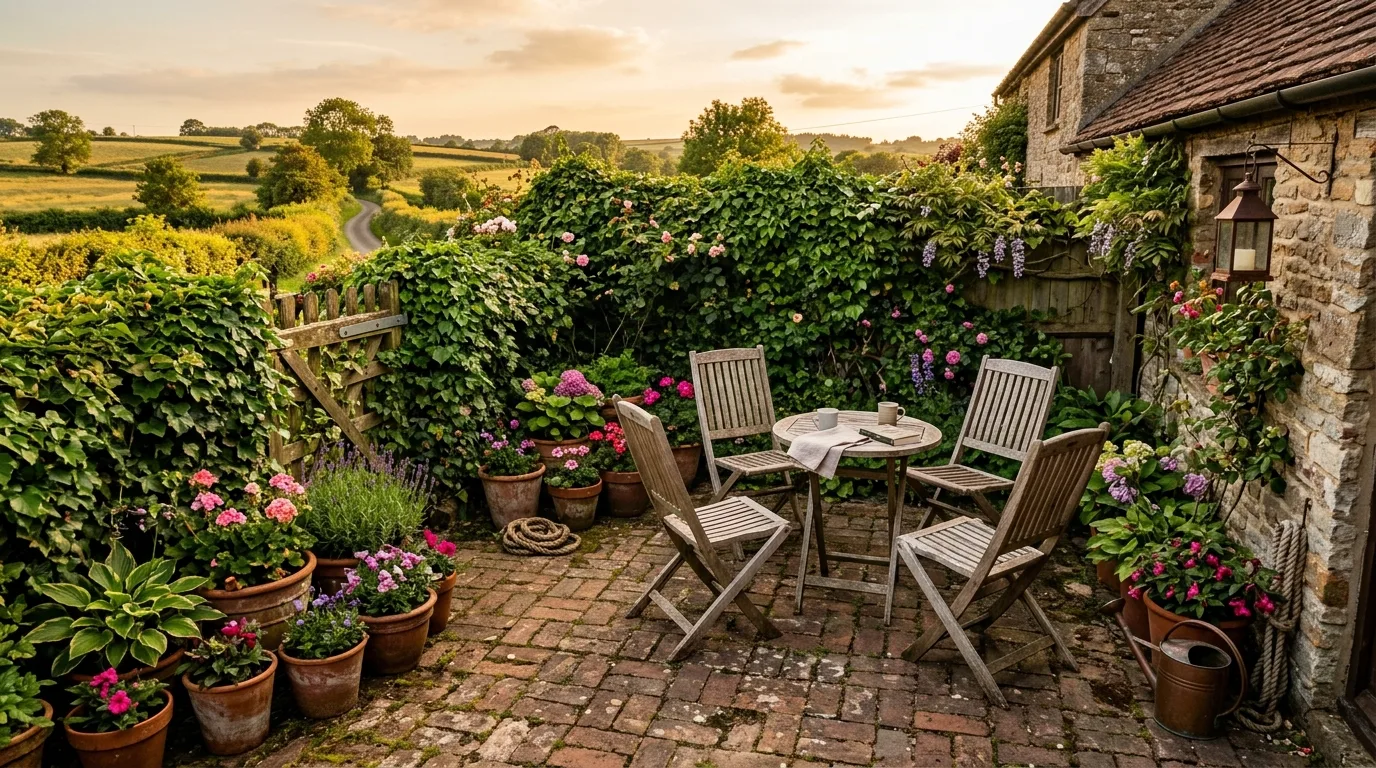 A small patio made calmer with privacy screens and greenery, no people