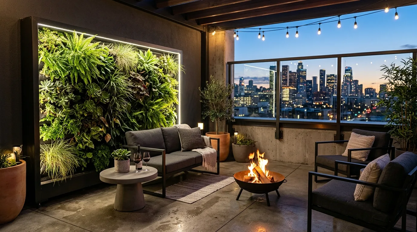 A small patio with a compact fire table and cozy seating, no people