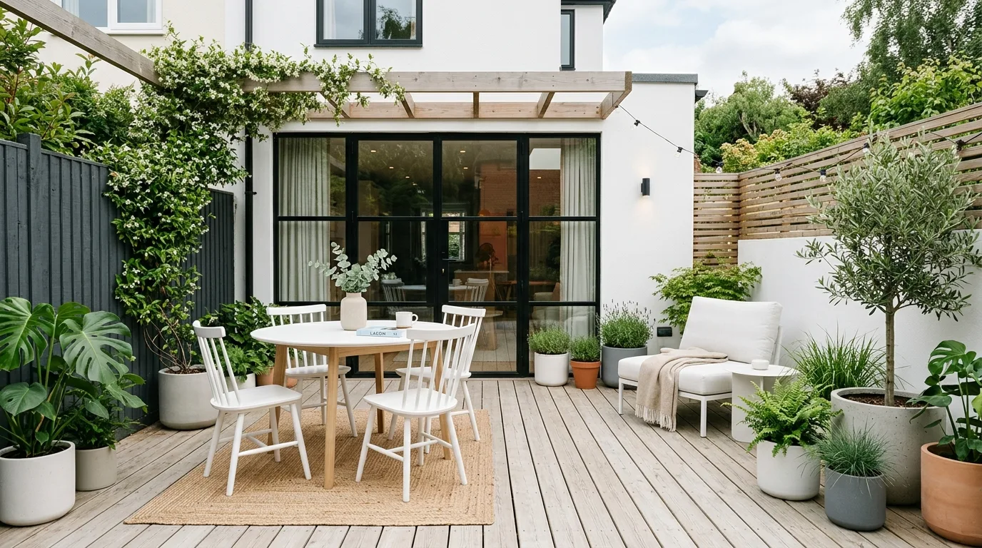 A small gravel patio with plants and compact backyard styling, no people