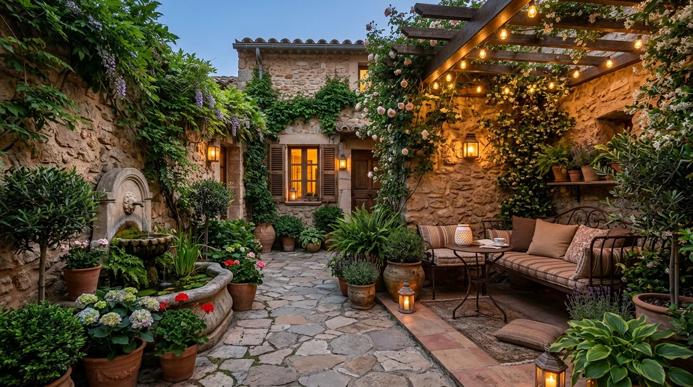 A small patio with planted corners adding depth and softness, no people