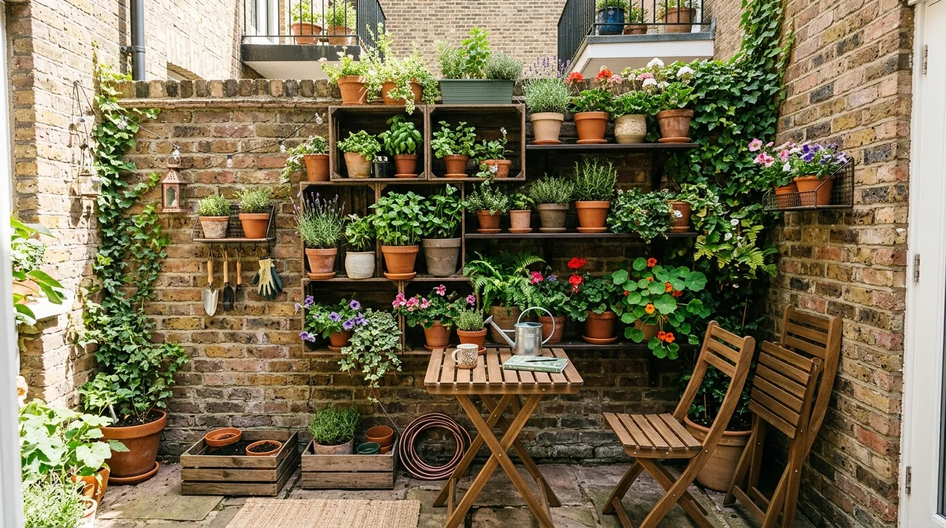 A modern small patio with crisp materials and simple furniture, no people