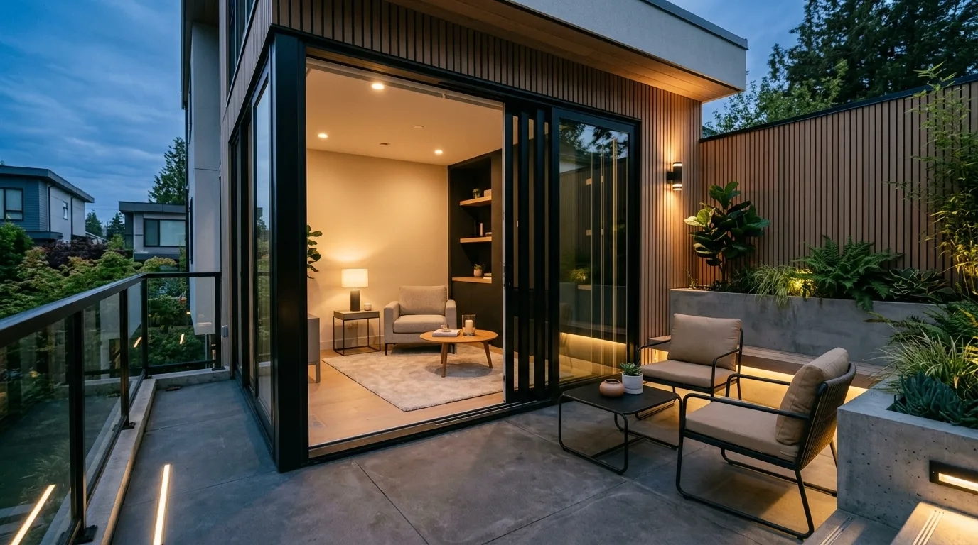 A compact patio nook defined by a pergola structure, no people