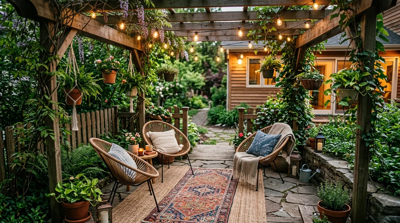 A tiny patio for entertaining with simple warm lighting, no people
