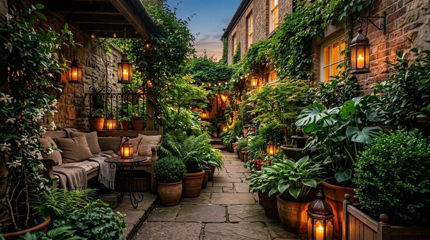 A small patio visually linked to the house with matching tones, no people