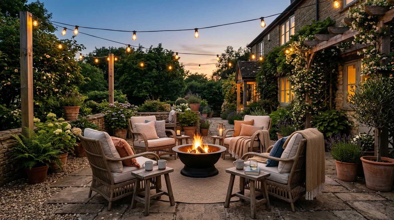 A cozy patio with deep lounge seating and soft outdoor textiles, no people