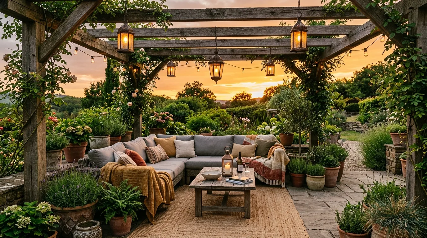 A cozy patio arranged around a fire pit for evening gatherings, no people