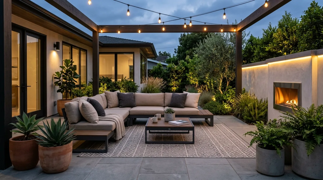 A cozy patio glowing with string lights at dusk, no people
