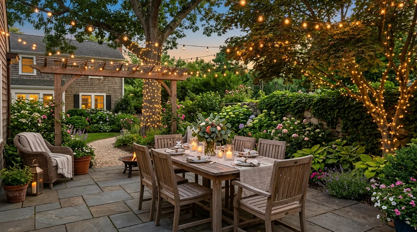 A cozy patio dining nook softened with plants and candles, no people