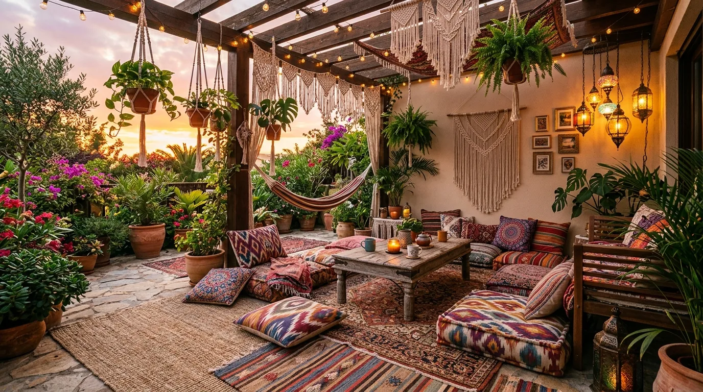 A cozy patio conversation area anchored by an outdoor rug, no people