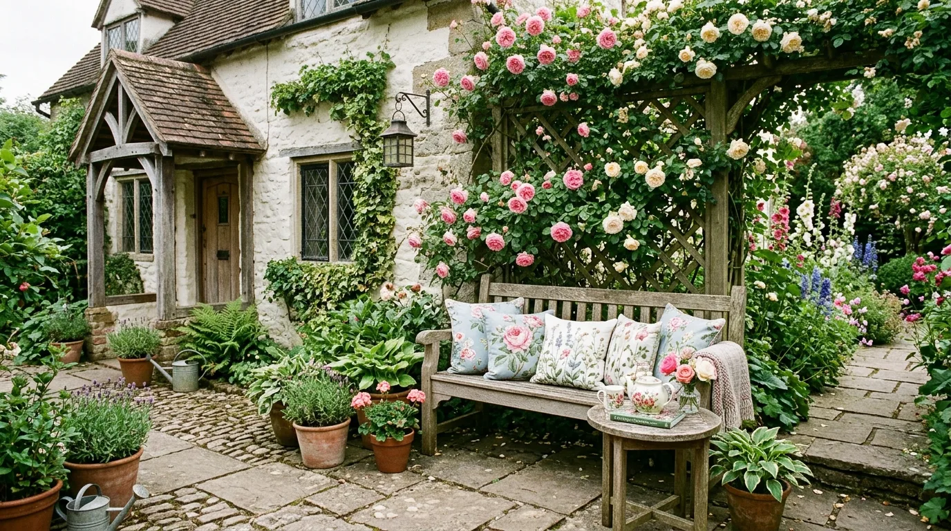 A cozy patio under a pergola with curtains and soft seating, no people