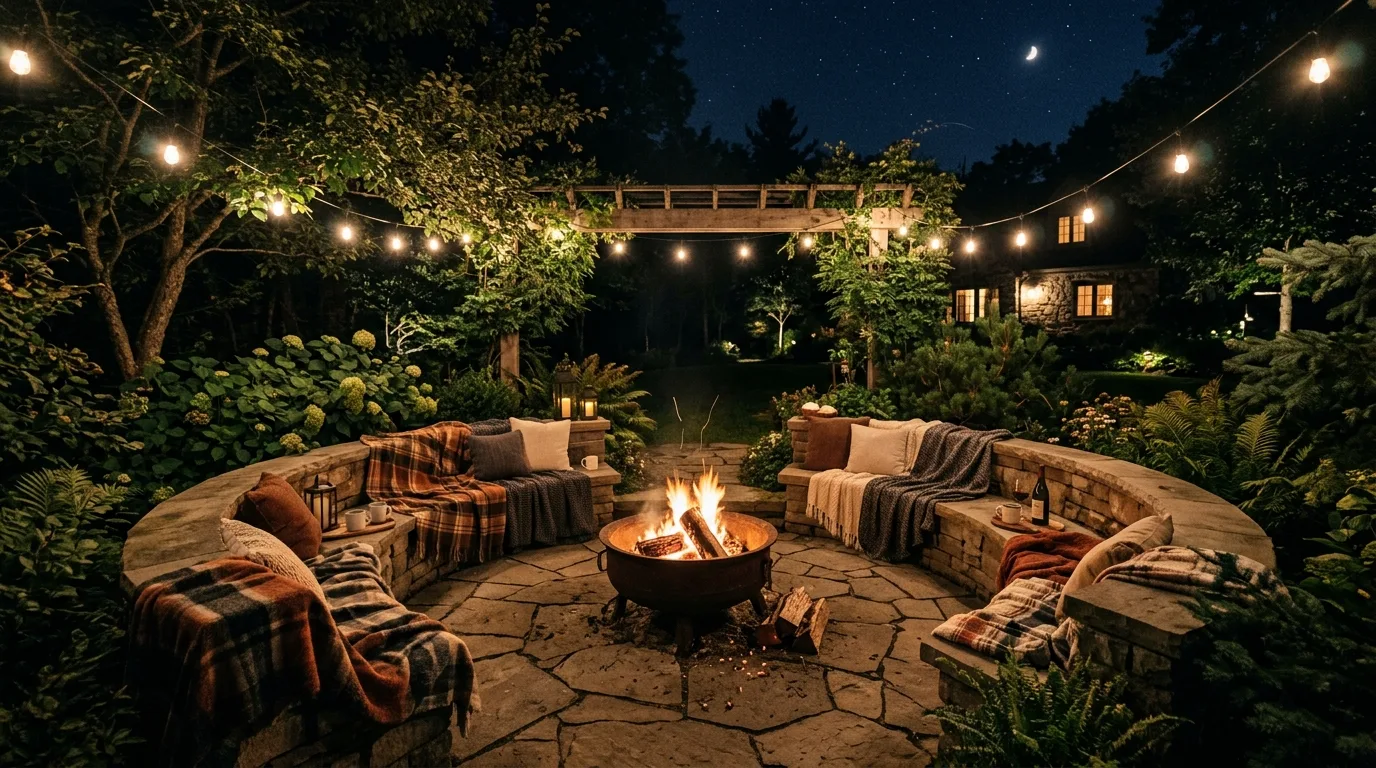 A cozy patio with warm wood furniture and layered lanterns, no people