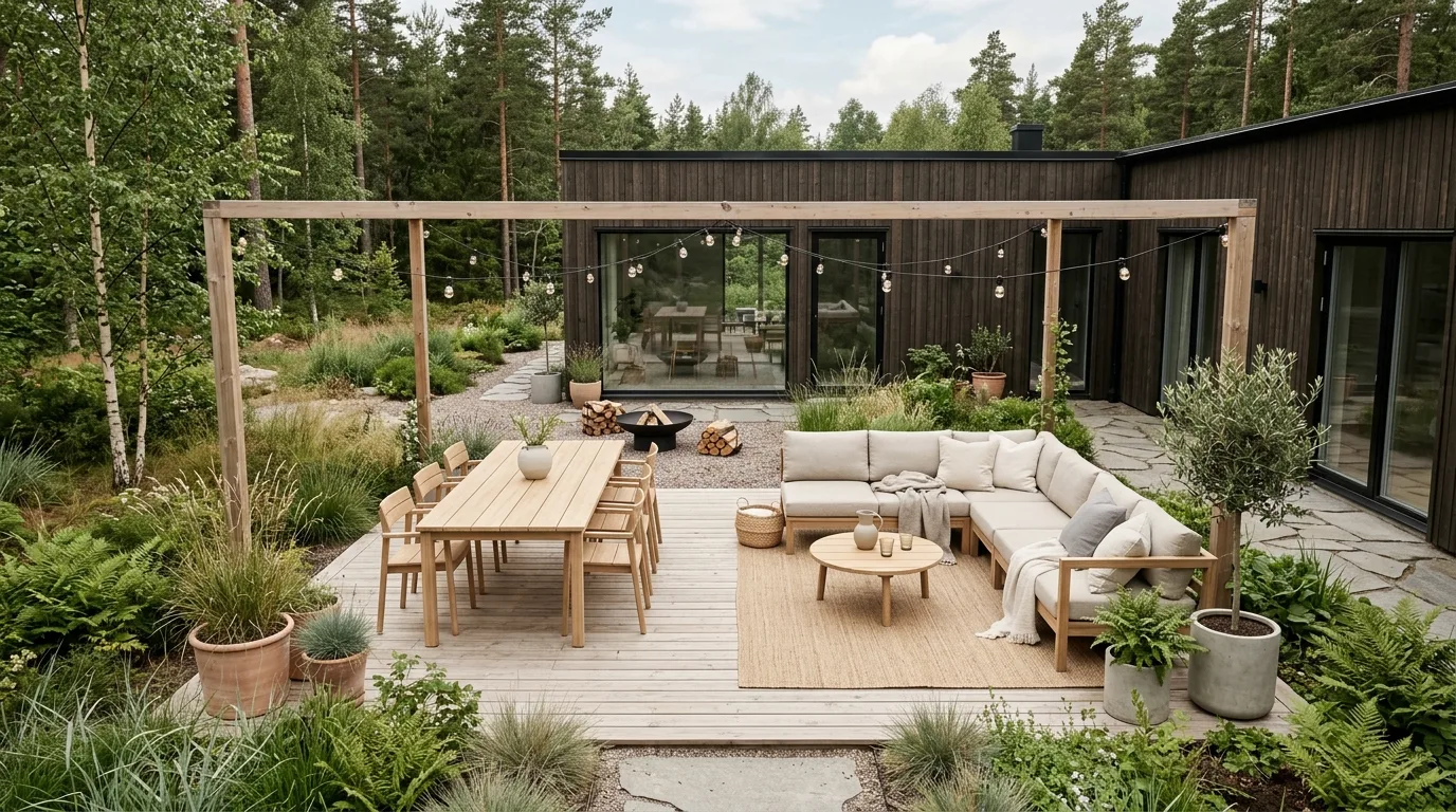 A cozy patio tucked into a planted garden corner, no people