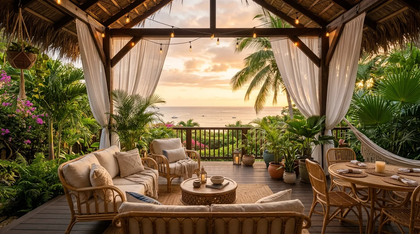 A cozy patio with a small sofa for morning coffee in soft daylight, no people