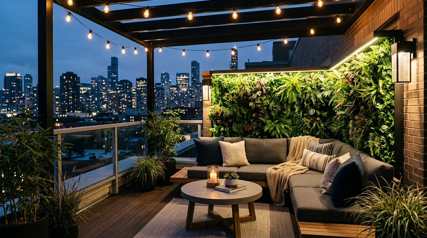 A cozy patio in layered neutral tones with calm styling, no people