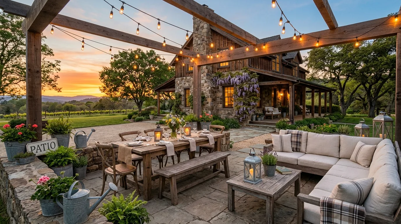A cozy patio with poufs and blankets arranged for gathering, no people