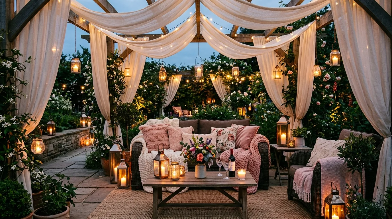 A cozy patio bench framed by tall planters and warm light, no people