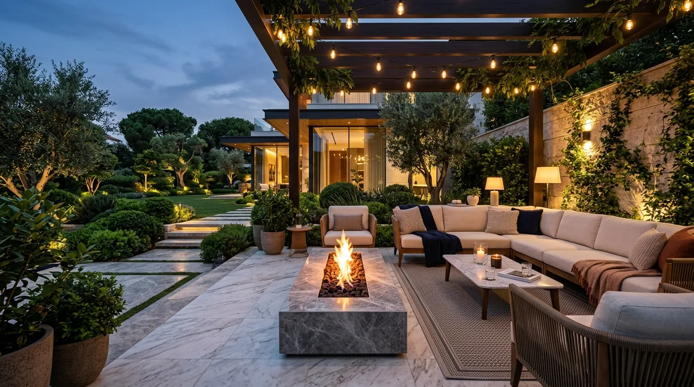 A cozy courtyard patio with a small water feature and evening ambiance, no people
