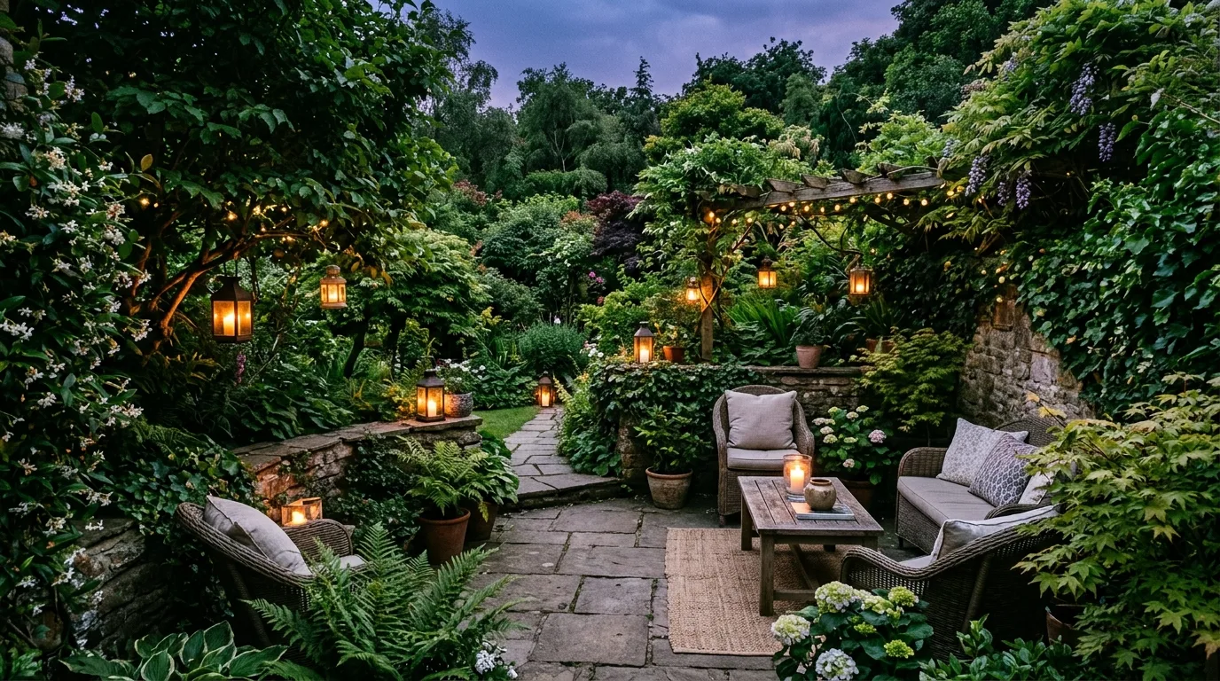A cozy family patio arranged for everyday comfort in natural light, no people