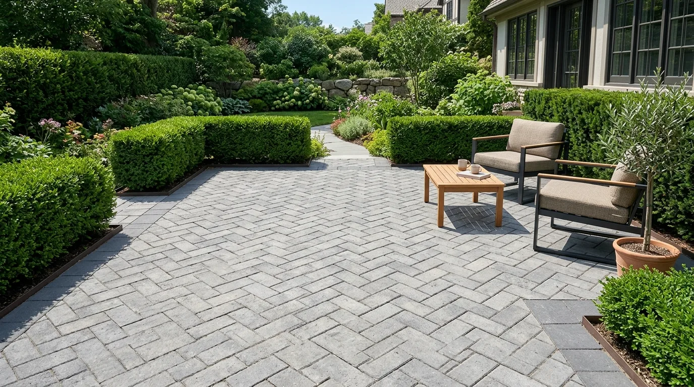 A classic herringbone paver patio in a backyard setting, no people