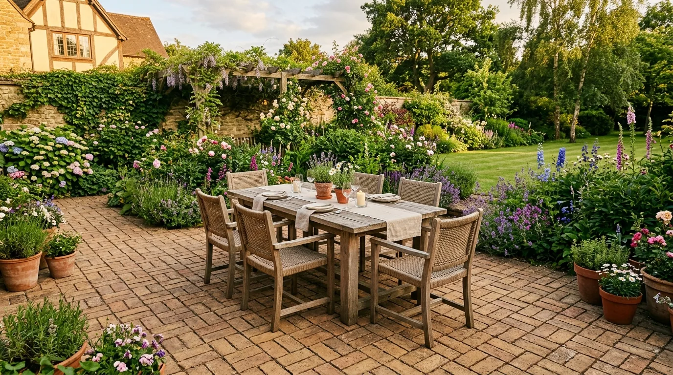 A modern patio with large format pavers in bright daylight, no people