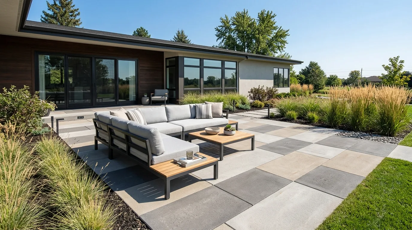 A warm toned paver patio arranged for family gatherings, no people