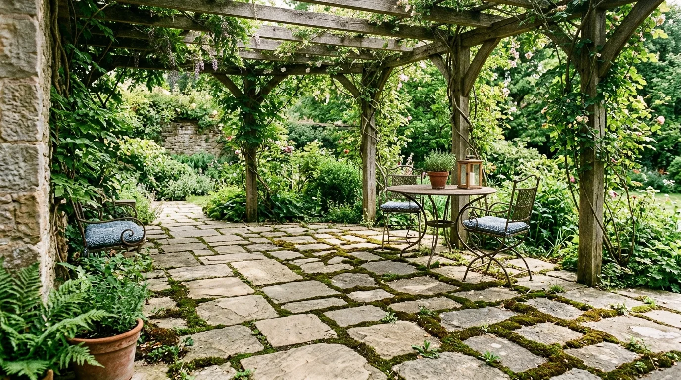A symmetrical paver patio centered on a fire pit in daylight, no people