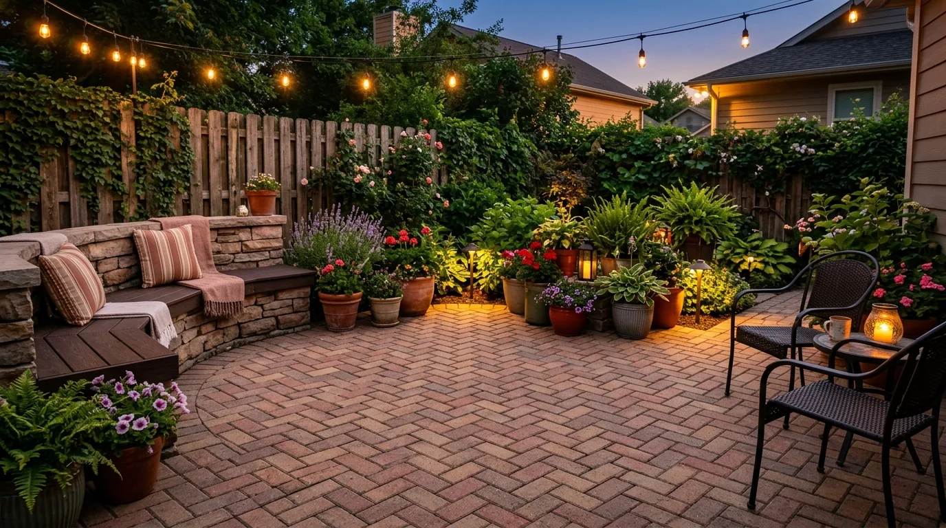 A dining patio with coordinated pavers linked visually to the house, no people