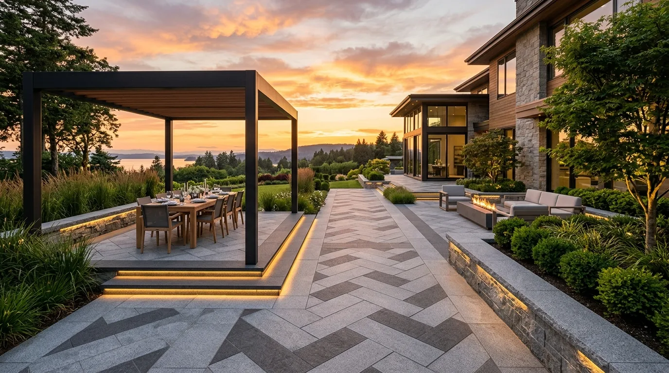 A garden patio with pavers softened by creeping groundcover, no people